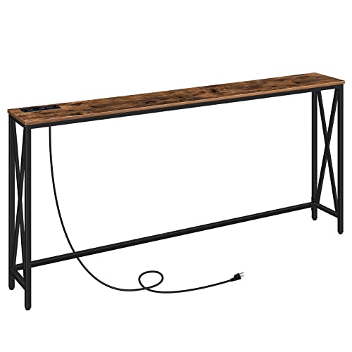 ALLOSWELL 63" Console Table with Power Outlet, Narrow Sofa Table, Farmhouse Sofa Couch Table with Charging Station, Sturdy and Durable, for Entryway, Living Room, Foyer, Rustic Brown CTHR8401