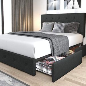 Allewie Upholstered Queen Size Platform Bed Frame with 4 Storage Drawers and Headboard, Diamond Stitched Button Tufted Mattress Foundation with Wooden Slats Support, No Box Spring Needed, Dark Grey