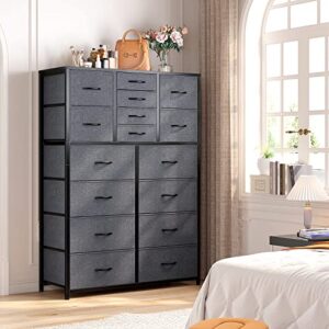 EnHomee 16 Drawer Dresser, Tall Dresser for Bedroom with Wooden Top and Sturdy Metal Frame, Large Bedroom Dressers & Chest of Drawers for Bedroom Closet Living Room Entry,57.1"Hx 37.4"W x 11.8"D,Grey