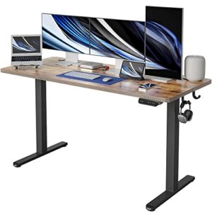 FEZIBO Height Adjustable Electric Standing Desk, 55 x 24 Inches Stand up Table, Sit Stand Home Office Desk with Splice Board, Black Frame/Rustic Brown Top