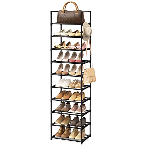WEXCISE Narrow Shoe Rack 10 Tiers Tall Shoe Rack for Entryway 20-24 Pairs Shoe and Boots Organizer Storage Shelf Space Saving Large Shoe Tower Durable Black Metal Stackable Shoe Cabinet with Hooks