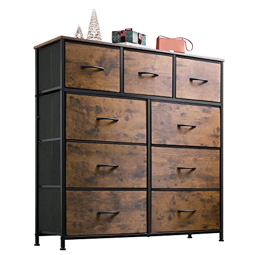 WLIVE Fabric Dresser for Bedroom with 9 Drawers, Tall Chest of Drawers, Storage Tower, Organizer Unit with Fabric Bin, Steel Frame, Wood Top for Nursery, Closets, Rustic Brown Wood Grain Print