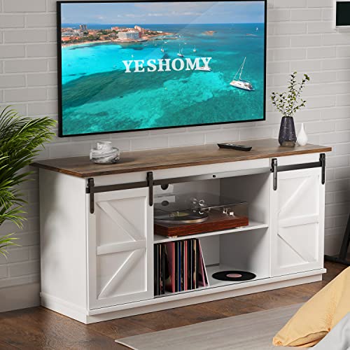 YESHOMY Farmhouse TV Stand for Televisions up to 65+ Inch with Sliding Barn Doors and Storage Cabinets, Entertainment Center Console Table, Media Furniture for Living Room, 58 Inch, White